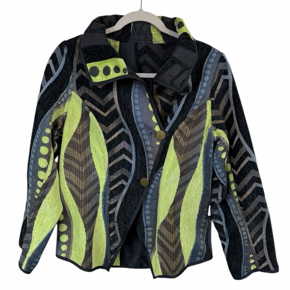 Vintage Irresistible Reversible Black Green Tapestry Asymmetrical Jacket Size S